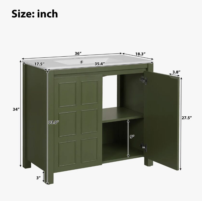 36" Olive Green Farmhouse Bathroom Vanity with White Undermount Sink
