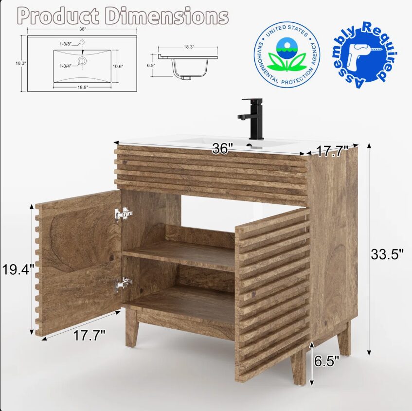 8 36 Inch 3D Fluted Wood Bathroom Vanity with Integrated White Sink Soft Close Doors