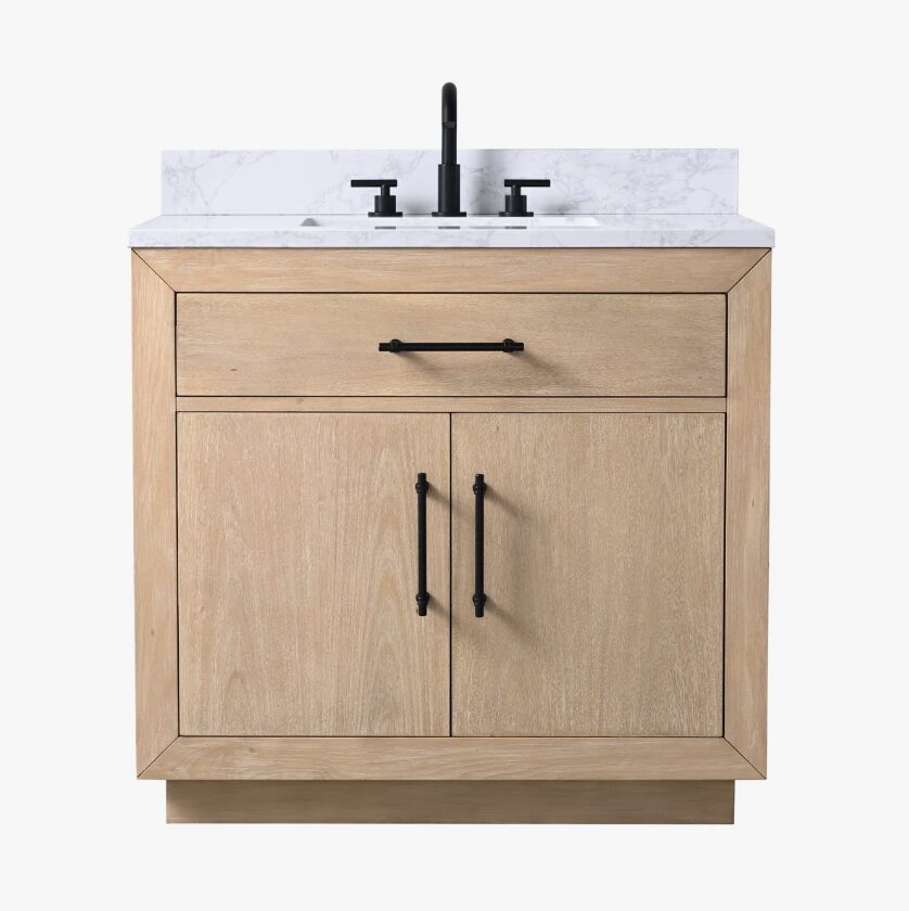 36 Inch Light Oak Single Sink Bathroom Vanity White Marble Countertop Soft Close Doors