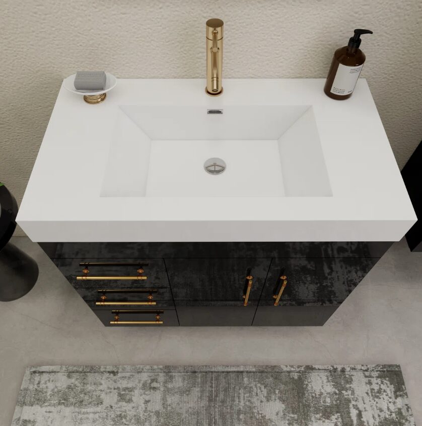 36 Inch High Gloss Black Single Sink Bathroom Vanity Solid Surface Top Soft Close Drawers Gold Hardware