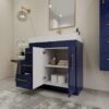 8 Contemporary Glossy Blue Vanity Cabinet with Brushed Gold Pulls for Modern Bathroom Renovation