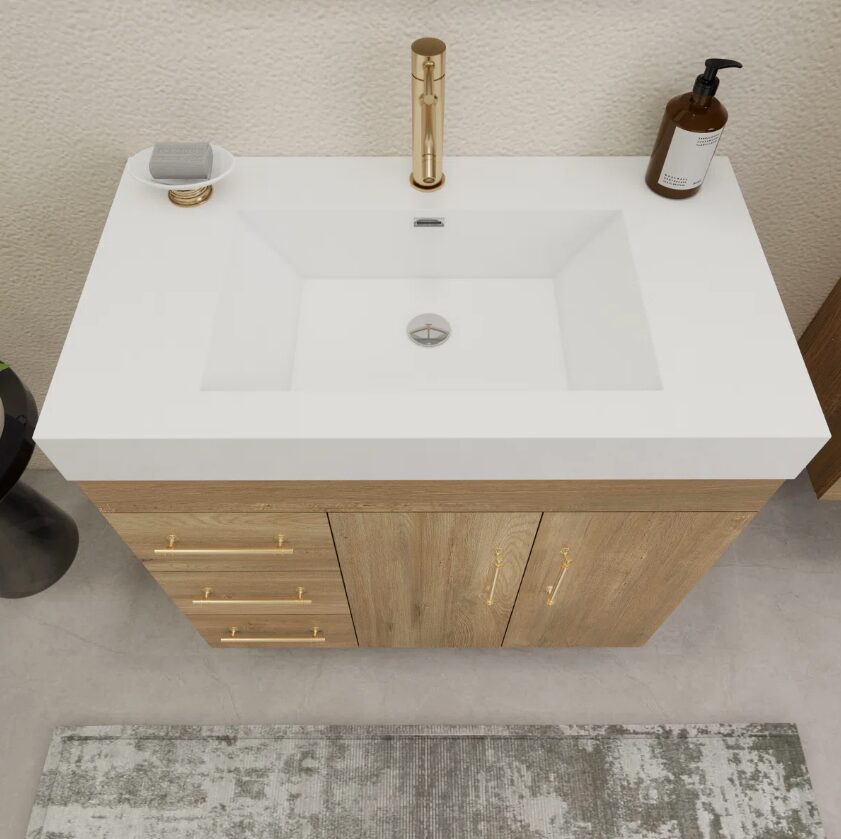 8 Modern Freestanding Oak Bathroom Vanity with 3 Drawers & Double Storage Doors