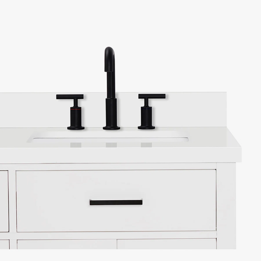 8 36 Inch White Shaker Single Sink Bathroom Vanity White Quartz Top Soft Close Drawers Matte Black Hardware