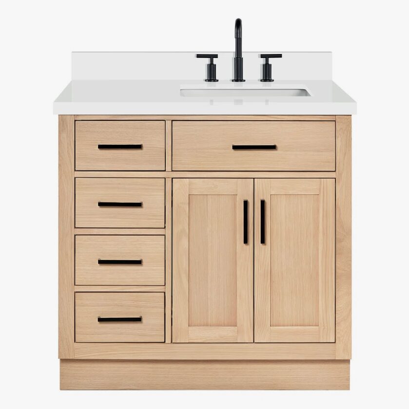 Modern Natural Oak Shaker Vanity Cabinet with Dovetail Wood Drawers for Farmhouse Bath Remodel