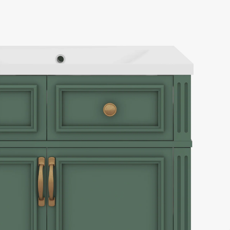30 Inch Vintage Green Recessed Panel Single Sink Bathroom Vanity with Gold Hardware, 3 Storage Drawers & Double Doors