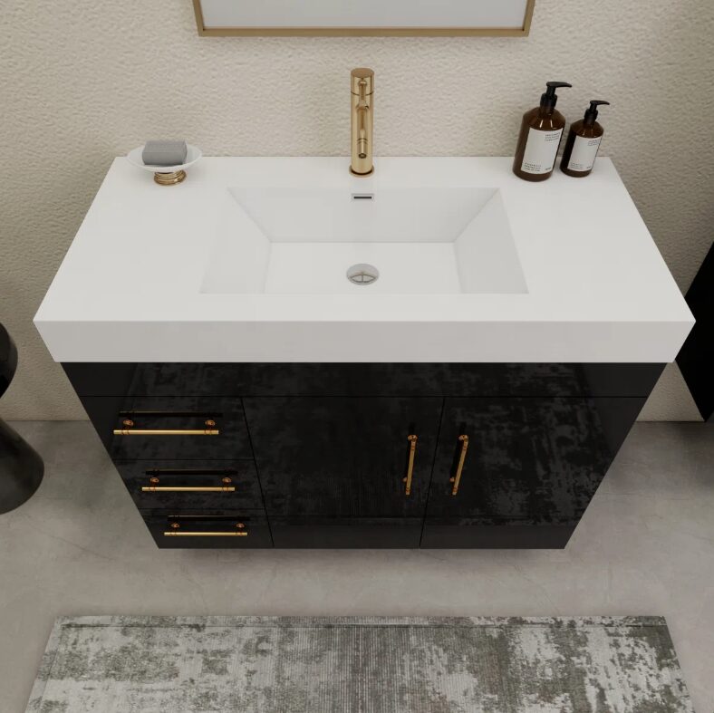 Modern High Gloss Black Bathroom Vanity with Integrated White Solid Surface Sink Top