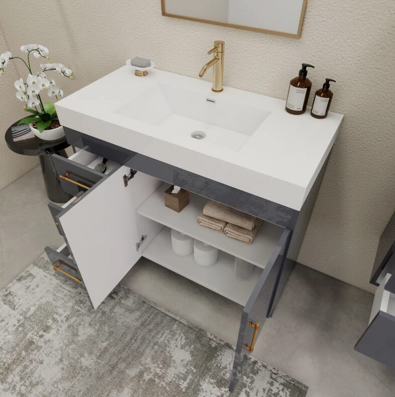 8 Modern High Gloss Gray Bathroom Vanity with Integrated White Solid Surface Sink Top