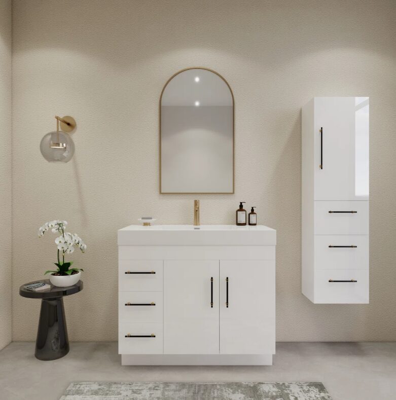 Minimalist Luxury White Vanity Cabinet with Double Interior Shelves for Contemporary Bathroom Remodel