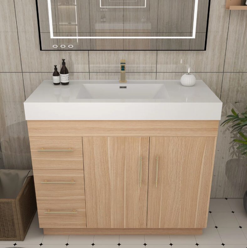 8 Wall Mount Light Wood Bathroom Vanity with Integrated White Solid Surface Sink Top
