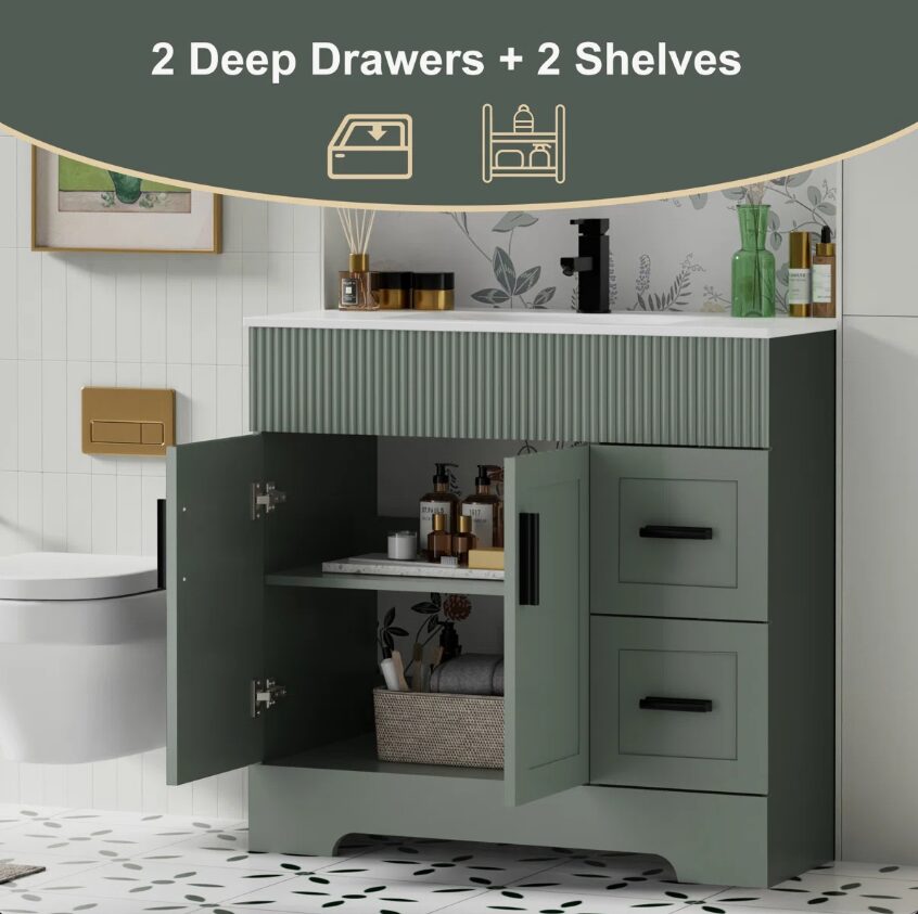 8 36" Sage Green Fluted Single Sink Bathroom Vanity Cabinet