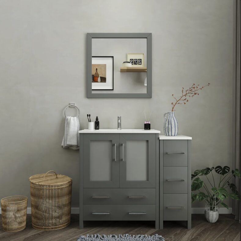 8 Freestanding Gray Vanity Combo with 5 Soft Close Drawers & Brushed Nickel Pull Handles