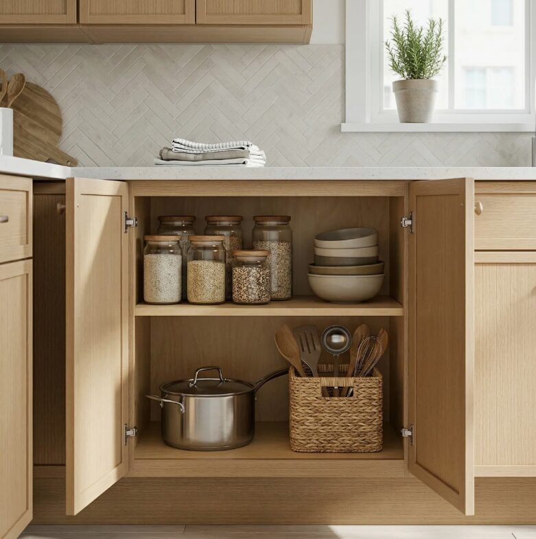 8 Freestanding Wood Grain Slab Kitchen Base Cabinet, Moisture Resistant Plywood Storage Cabinet