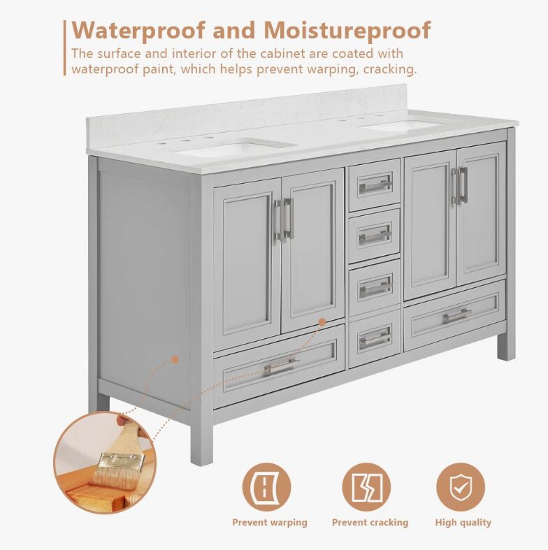 60 Inch Light Gray Shaker Double Sink Bathroom Vanity, Soft Close Doors & Drawers, White Quartz Countertop Combo