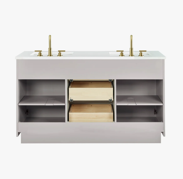 60 Inch Fluted Light Gray Double Undermount Sink Bathroom Vanity, White Quartz Countertop & Brushed Gold Hardware