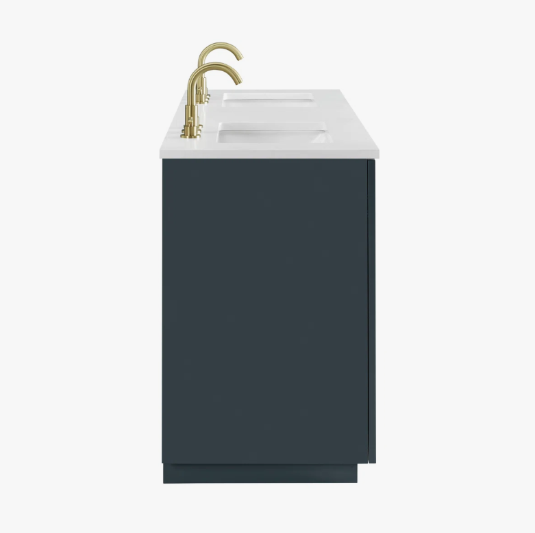 8 60 Inch Dark Navy Fluted Double Undermount Sink Bathroom Vanity, White Quartz Countertop & Brushed Gold Hardware