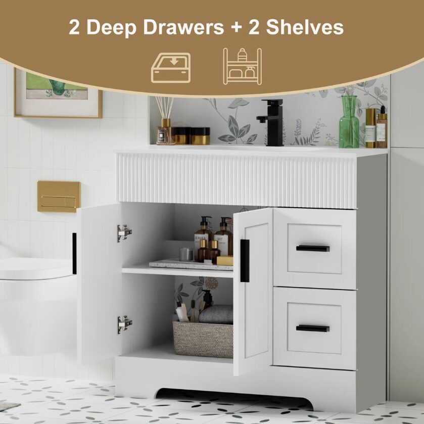 Modern White Bathroom Vanity with Soft Close Drawers & Doors