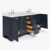 72 Inch Navy Blue Shaker Double Undermount Sink Bathroom Vanity, White Quartz Countertop & Brushed Gold Hardware
