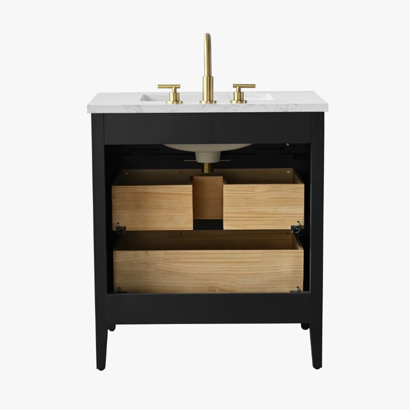 Modern Fluted Bathroom Vanity with Gold Handles & Marble Top
