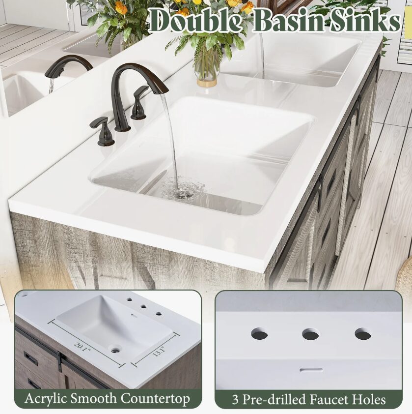 9 Rustic Grey Wood Double Vanity Cabinet with Storage Drawers
