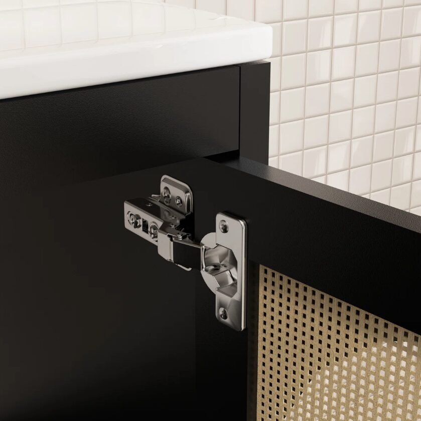 9 30 Inch Black Mid-Century Rattan Freestanding Single Sink Bathroom Vanity with Gold Knobs