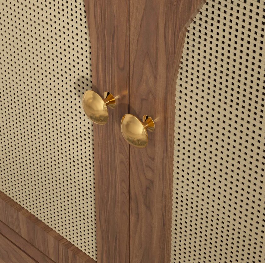 9 30 Inch Walnut Mid-Century Rattan Single Sink Bathroom Vanity with Gold Knobs