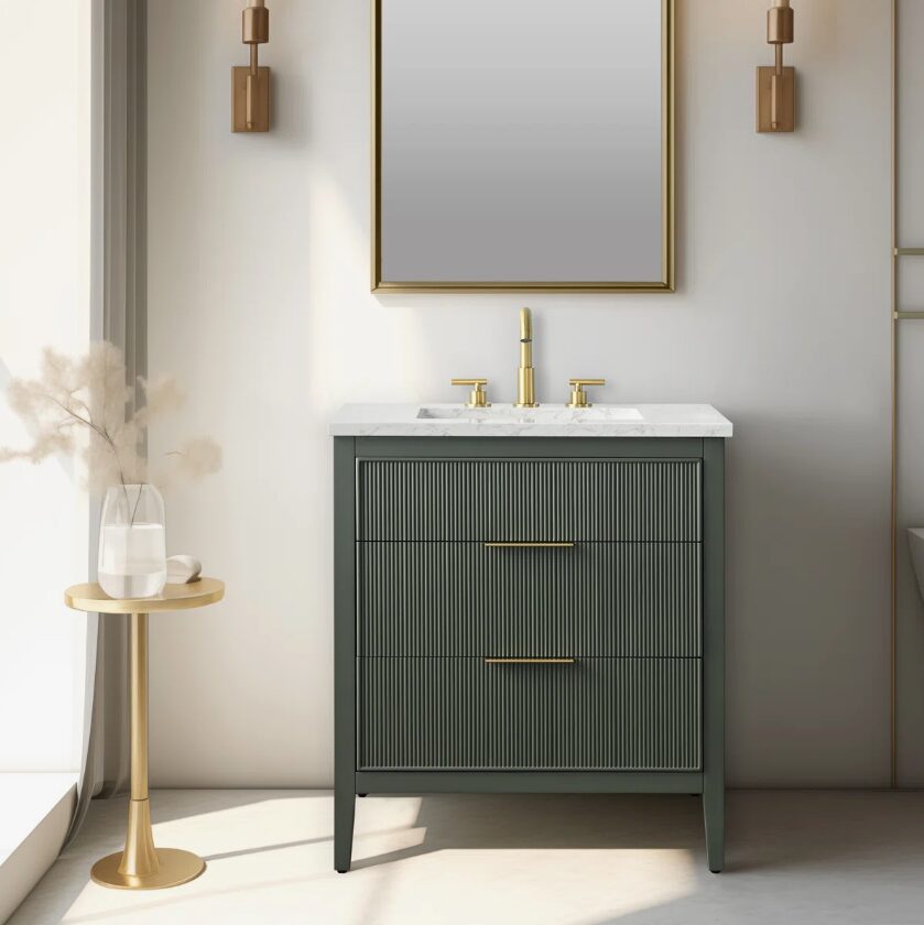Farmhouse Dark Olive Fluted Vanity for Small Bathroom