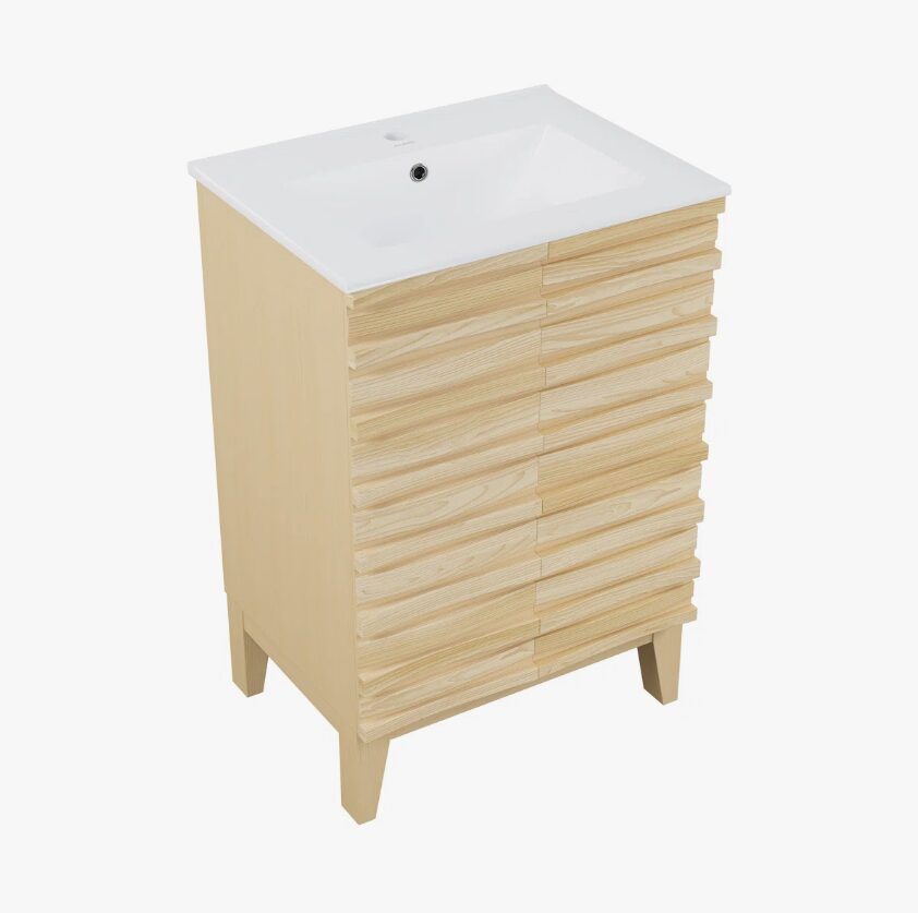 9 Handleless Slat Front Modern Light Wood Single Sink Vanity Cabinet