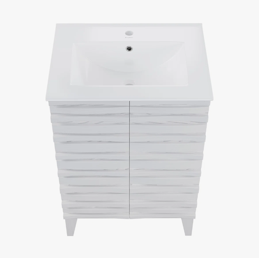 9 24 Inch White Cascade Slatted Mid-Century Freestanding Single Sink Bathroom Vanity