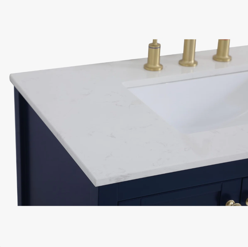 36 Inch Navy Blue Shaker Farmhouse Bathroom Vanity with Marble Top & Slatted Shelf