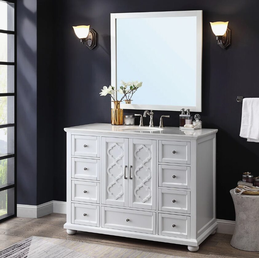 Freestanding White Single Sink Vanity with Decorative Cutout Cabinet Doors