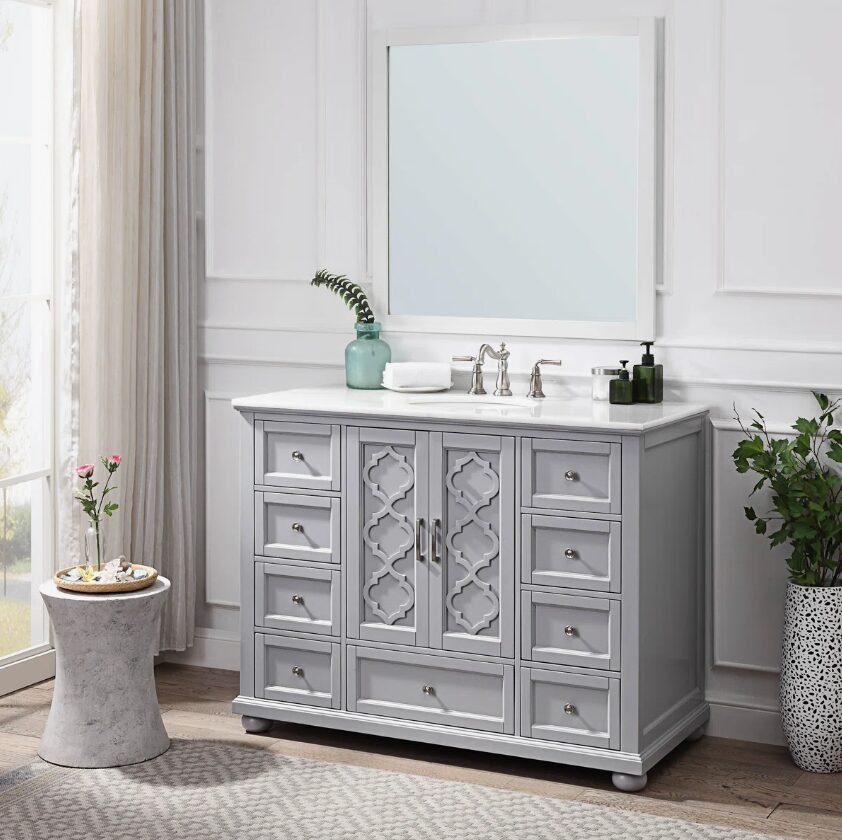 9 Transitional Gray Freestanding Single Sink Vanity with Decorative Cutout Cabinet Doors