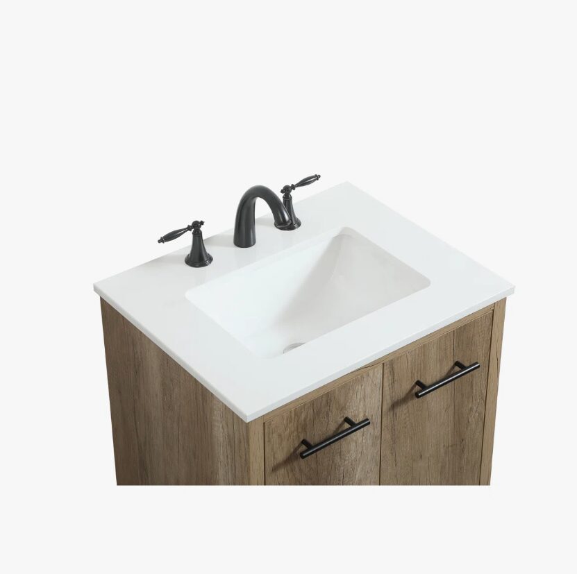 24 Inch Natural Oak Mid-Century Single Sink Bathroom Vanity with White Quartz Top