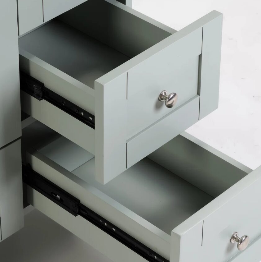 9 30 Inch Sage Green Shaker Bathroom Vanity with White Ceramic Sink & Multi Storage Drawers