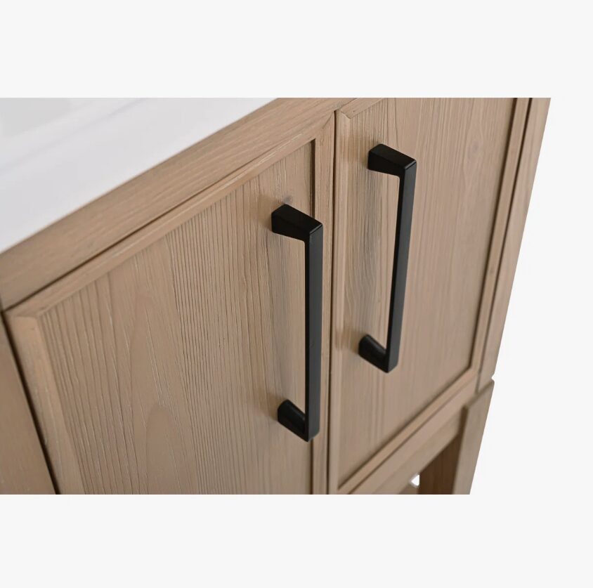 9 30 Inch Weathered Oak Freestanding Bathroom Vanity with White Integrated Sink & Open Bottom Shelf