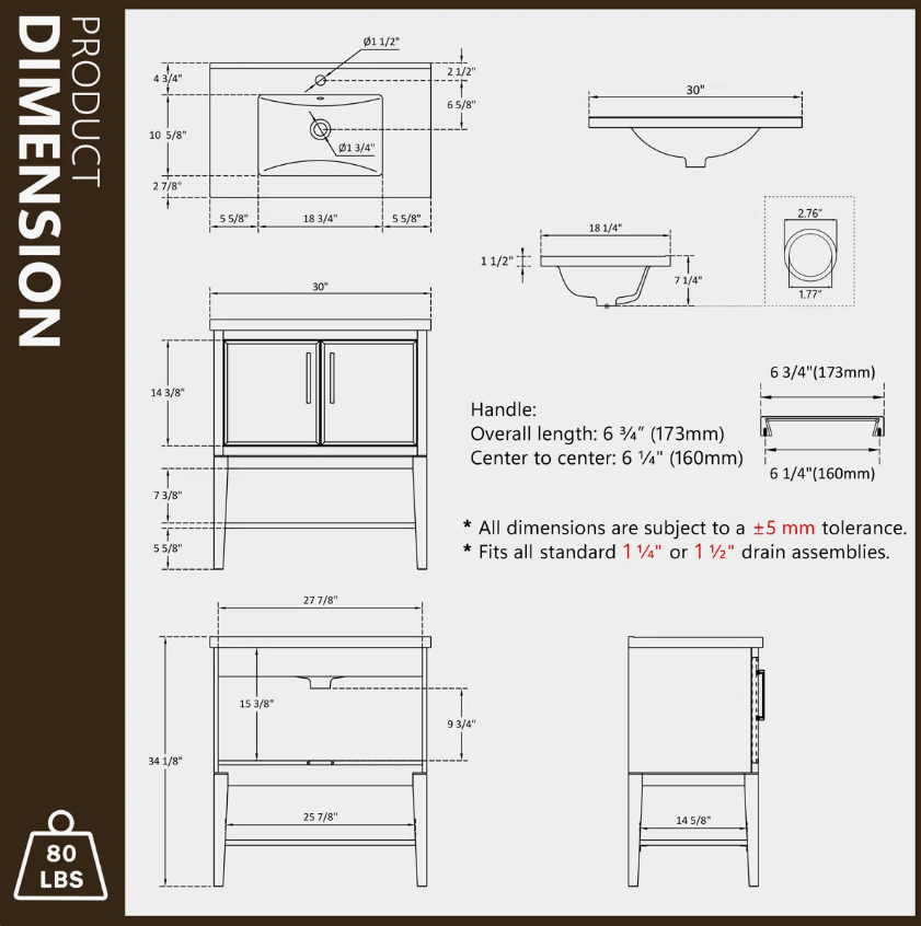 9 30 Inch Grey Freestanding Bathroom Vanity with White Ceramic Sink & Open Storage Shelf