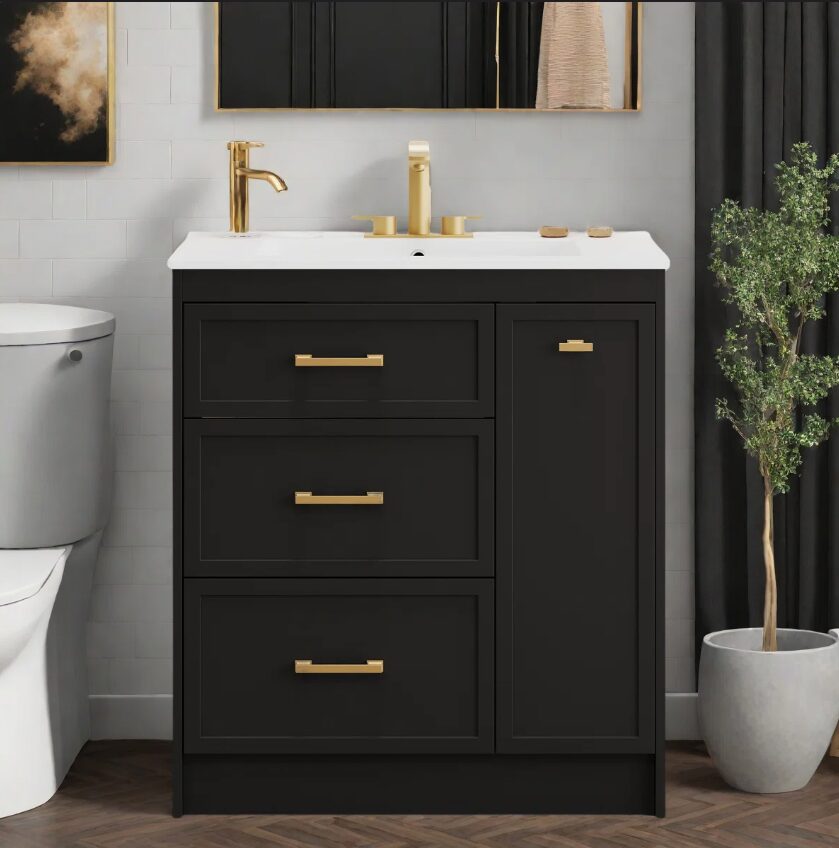 9 30" Black Vanity Cabinet with White Sink & Gold Hardware