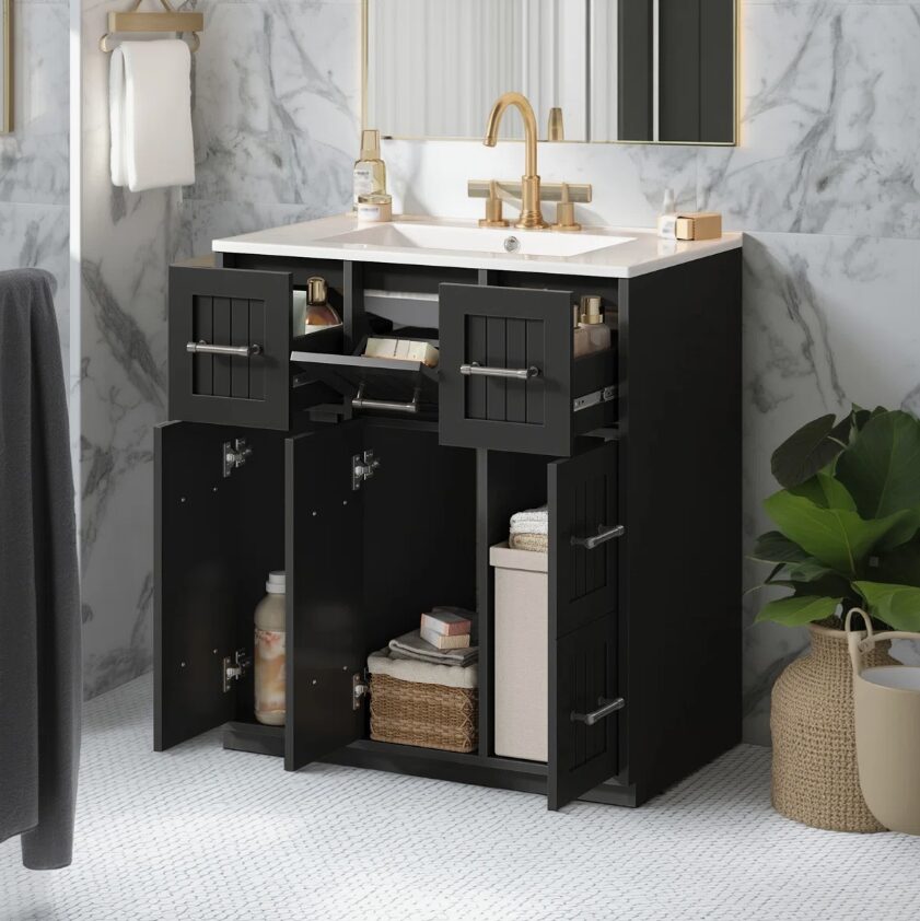30" Black Vanity with White Sink & 9 Storage Drawers
