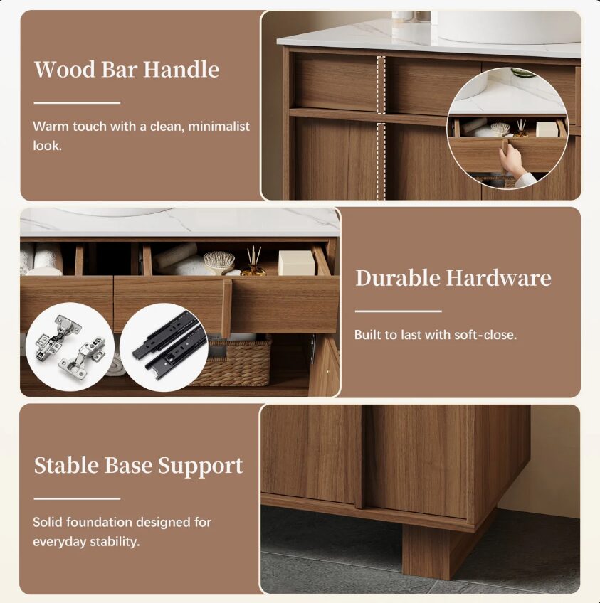 36 Inch Walnut Freestanding Bathroom Vanity Round Vessel Sink Soft Close Storage Drawers & Doors