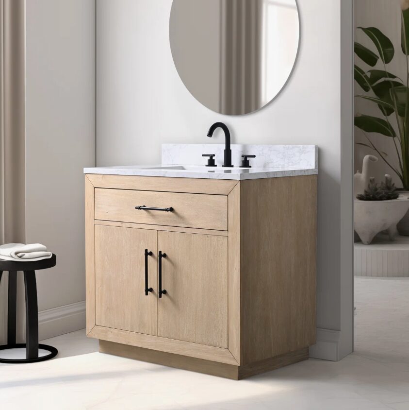 9 36 Inch Light Oak Single Sink Bathroom Vanity White Marble Countertop Soft Close Doors