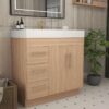 9 36 Inch Light Oak Single Sink Bathroom Vanity Integrated Solid Surface Top Soft Close Drawers & Doors