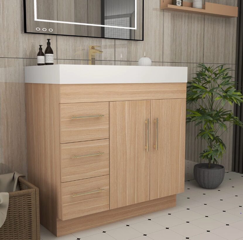 9 36 Inch Light Oak Single Sink Bathroom Vanity Integrated Solid Surface Top Soft Close Drawers & Doors