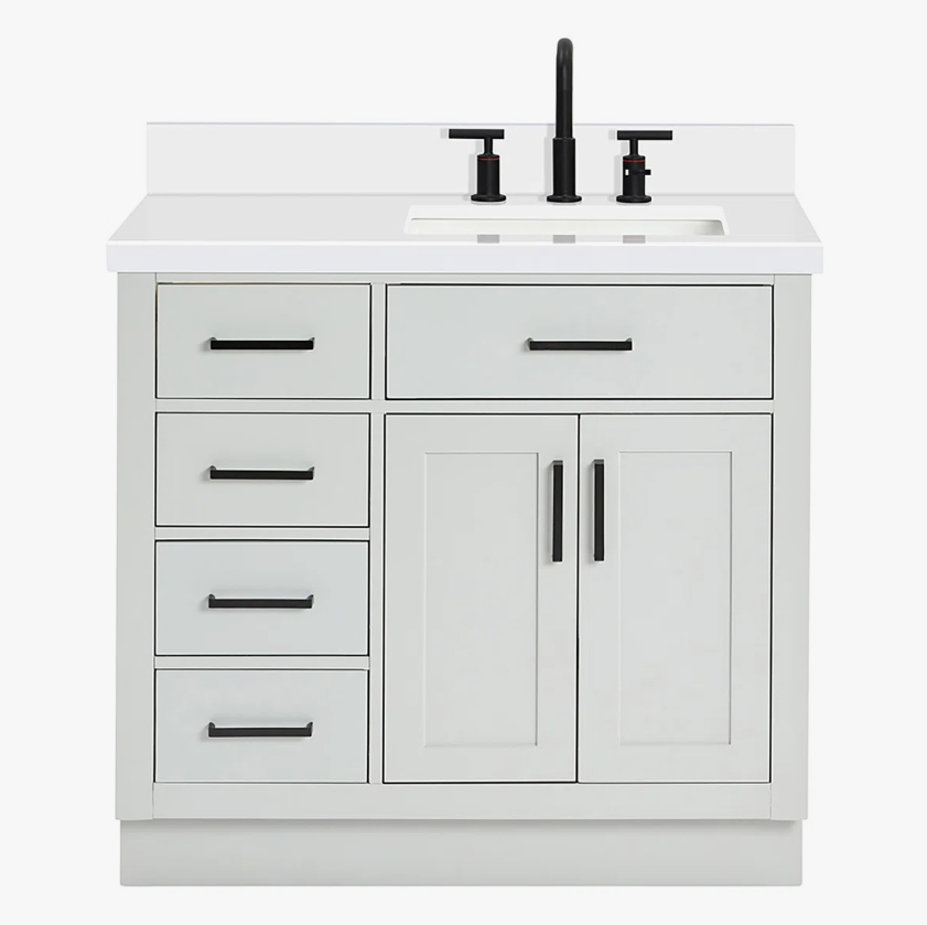 36 Inch Light Grey Shaker Single Sink Bathroom Vanity White Quartz Top Soft Close Drawers Matte Black Hardware