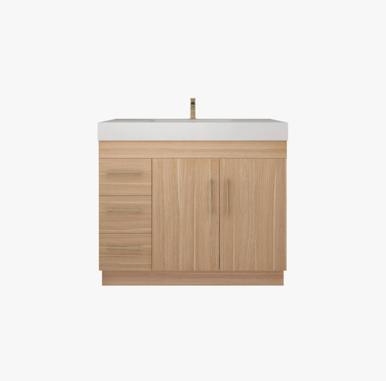 9 Wall Mount Light Wood Bathroom Vanity with Integrated White Solid Surface Sink Top