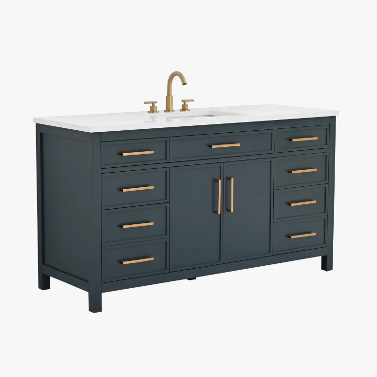 60" Dark Blue Wood Single Vanity Cabinet for Contemporary Primary Bathroom Remodel