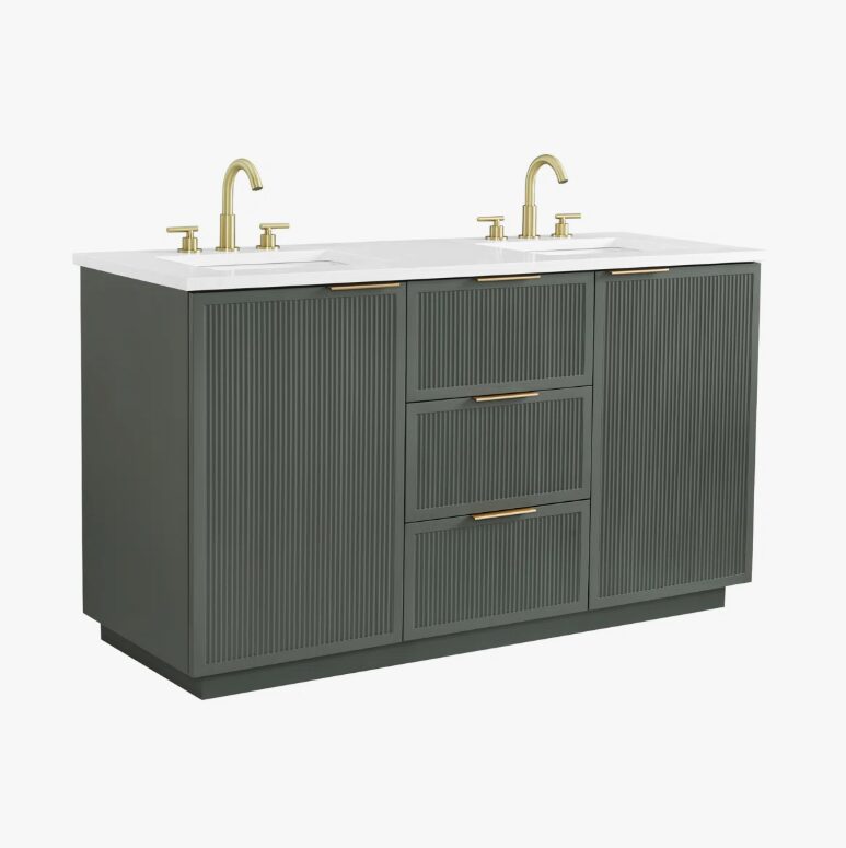 9 60 Inch Sage Green Fluted Double Undermount Sink Bathroom Vanity, White Quartz Countertop & Brushed Gold Hardware