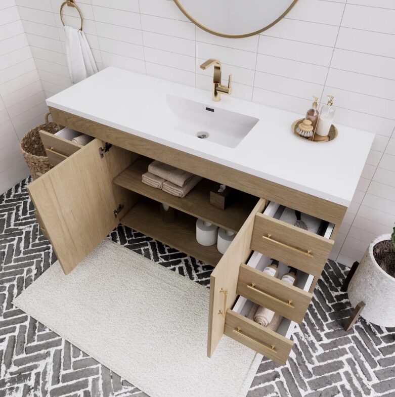 60 Inch Natural Oak Freestanding Single Undermount Sink Bathroom Vanity, White Quartz Top & Brushed Gold Hardware