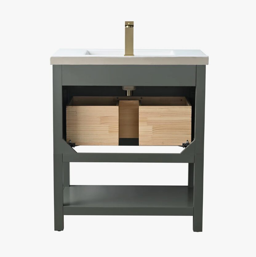 Minimalist Dark Sage All-in-One Bathroom Vanity with Integrated Ceramic Sink