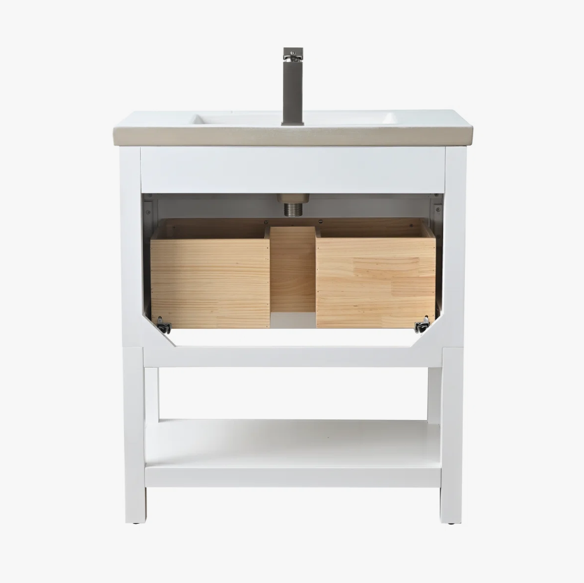Compact White Single Sink Vanity with Drawer & Open Mixed Storage