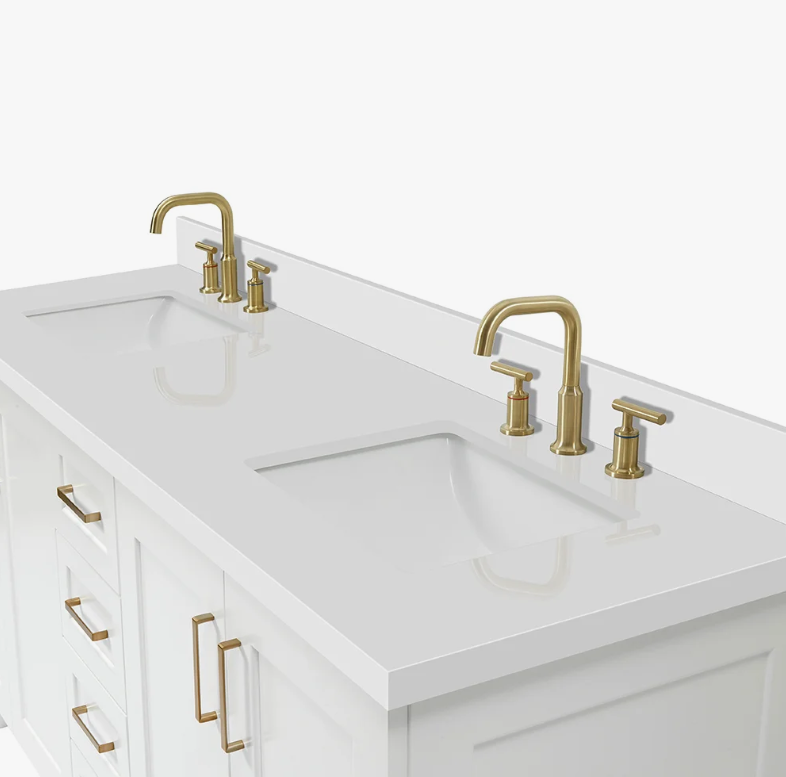 72 Inch White Shaker Double Undermount Sink Bathroom Vanity, White Quartz Countertop & Brushed Gold Hardware