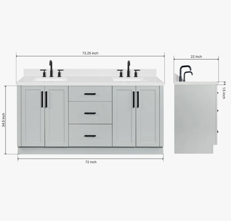 72 Inch Light Gray Shaker Double Undermount Sink Bathroom Vanity, White Marble Vein Quartz Top & Matte Black Hardware